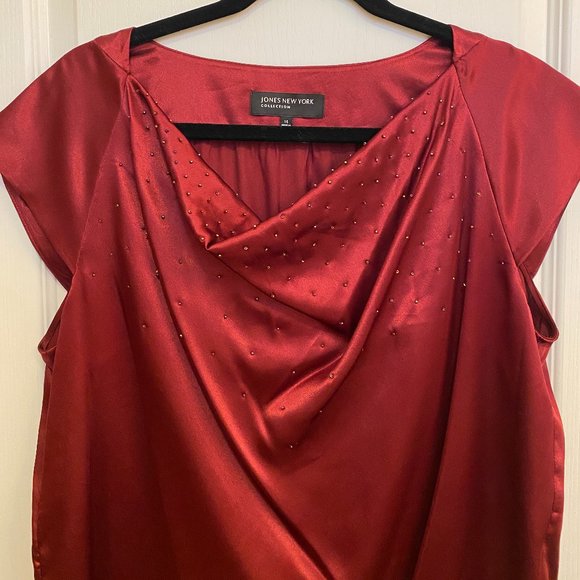Jones New York Ruby Red Cowl Neck Blouse size 14 with Beading Detail - Picture 7 of 9
